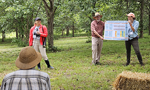 HTIRC researcher Shaneka Lawson (L) shares her research on Precocity of Quercus bicolor at the Walnut Council summer field tour.