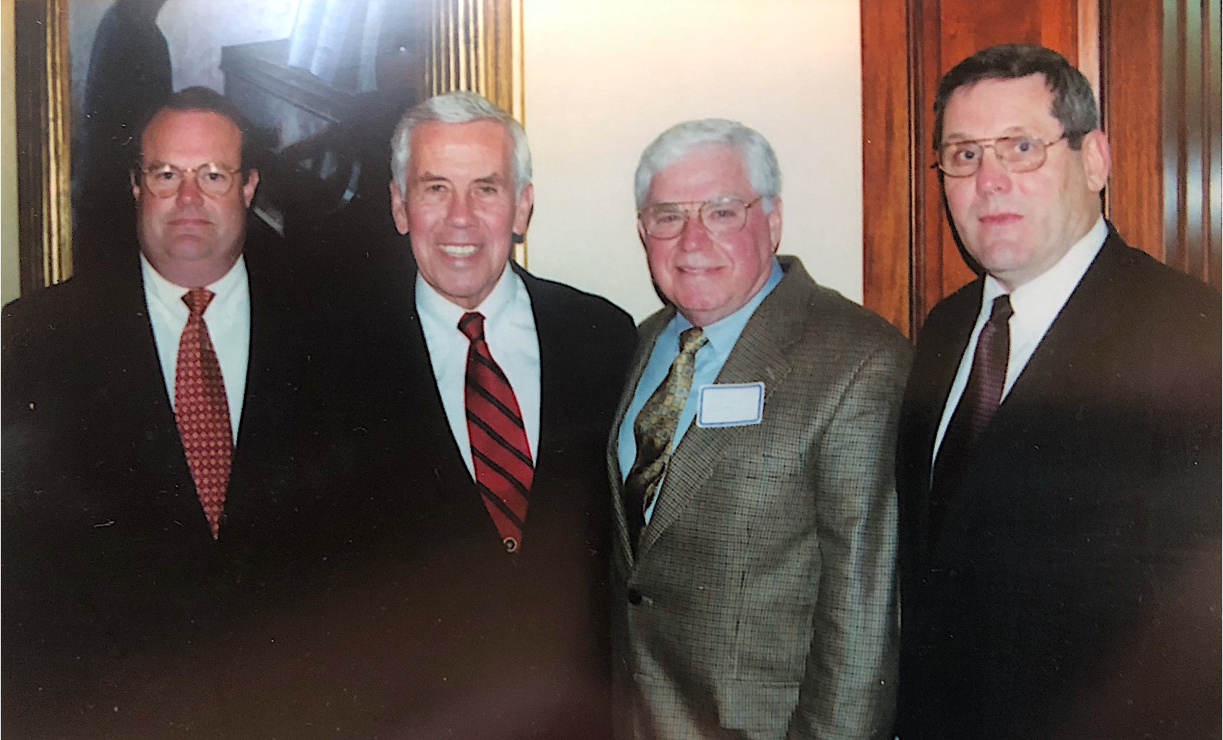 From left, HTIRC Director Charles Michler, Senator Richard Lugar, Bob Burke, and Purdue University FNR Department Head Dennis LeMaster at an HTIRC event in 1999.