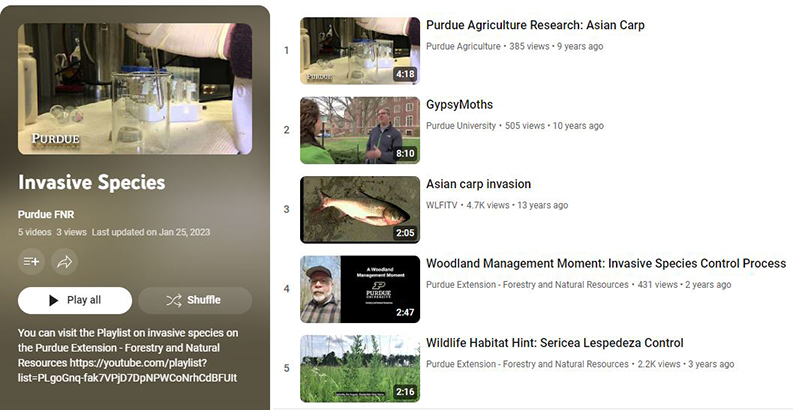 Screenshot of Invasive Species playlist from FNR YouTube Channel.