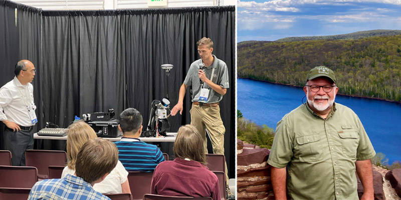 Dr. Songlin Fei and Cameron Wingren presented on advances in digital forestry. (Right) Lenny Farlee stands in front of a river and mountain landscape.