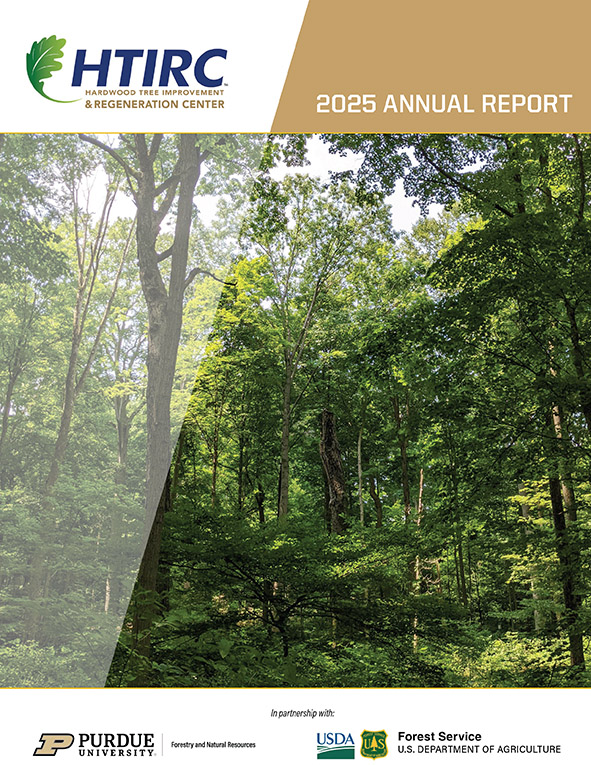 2025 HTIRC annual report cover. HTIRC logo of lettering next to a green leaf. Wording saying 2025 annual report. Photo from the ground looking up into a canopy of several bright green and yellow tree leaves.